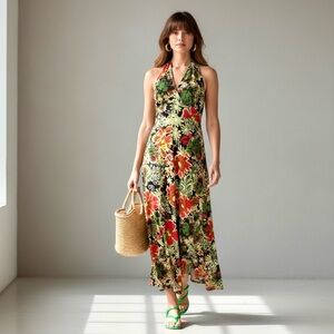 Vintage Early 90s Floral Halter Maxi Summer Dress